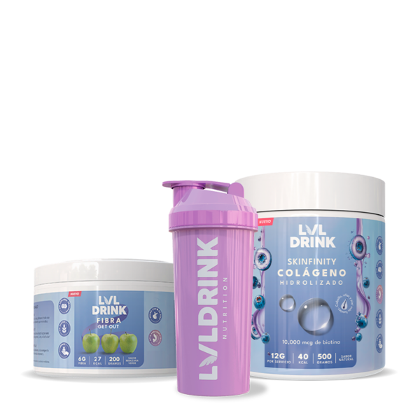 Pack de colágeno hidrolizado y fibra natural con shaker de regalo LVL Drink
