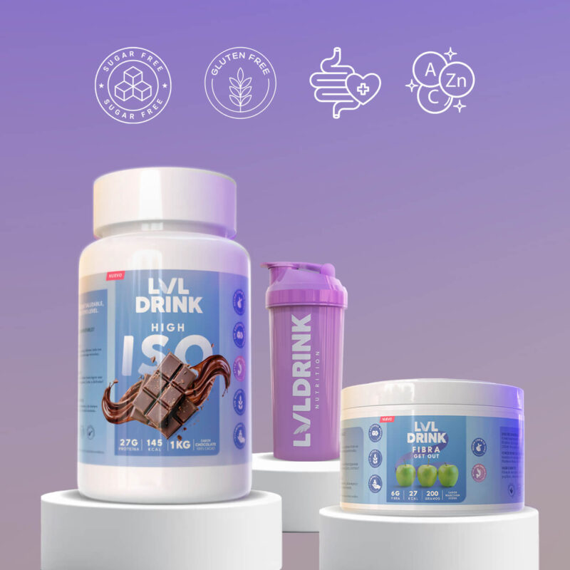 Pack Proteína Chocolate + Fibra Natural de Manzana con Vitaminas | Lvldrink + Shaker Gratis