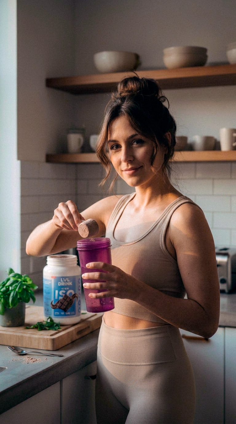 Persona preparando un suplemento nutricional Lvldrink en un shaker dentro de una cocina.