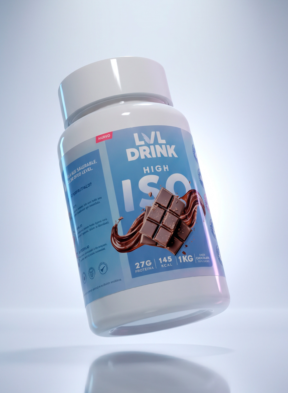 Proteína ISO Chocolate Lvldrink 1kg, whey isolate con 27g de proteína por porción, sin azúcar añadida.