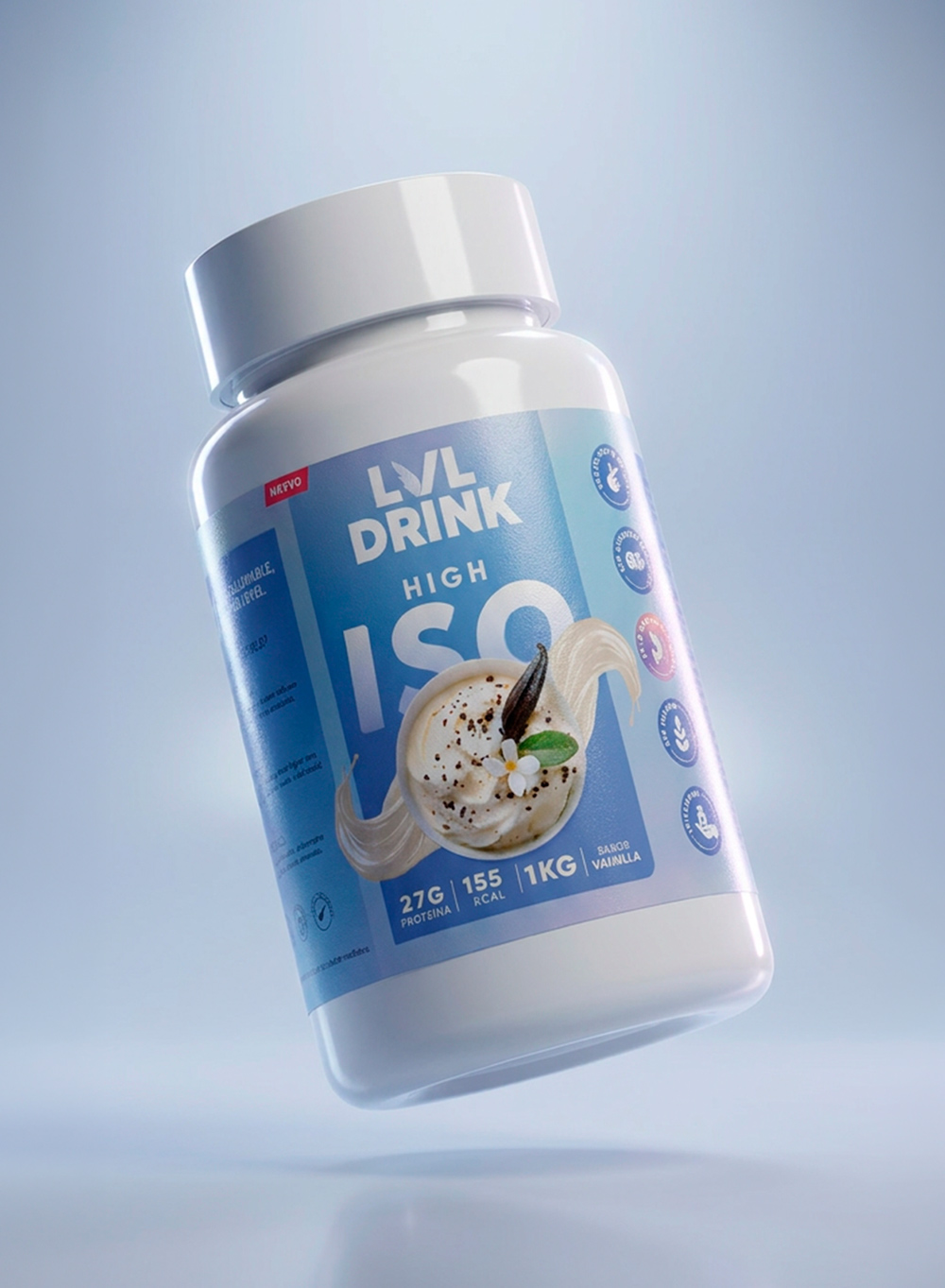 Proteína ISO Vainilla Lvldrink 1kg, whey protein isolate con 27g de proteína por porción, sin azúcar añadida.
