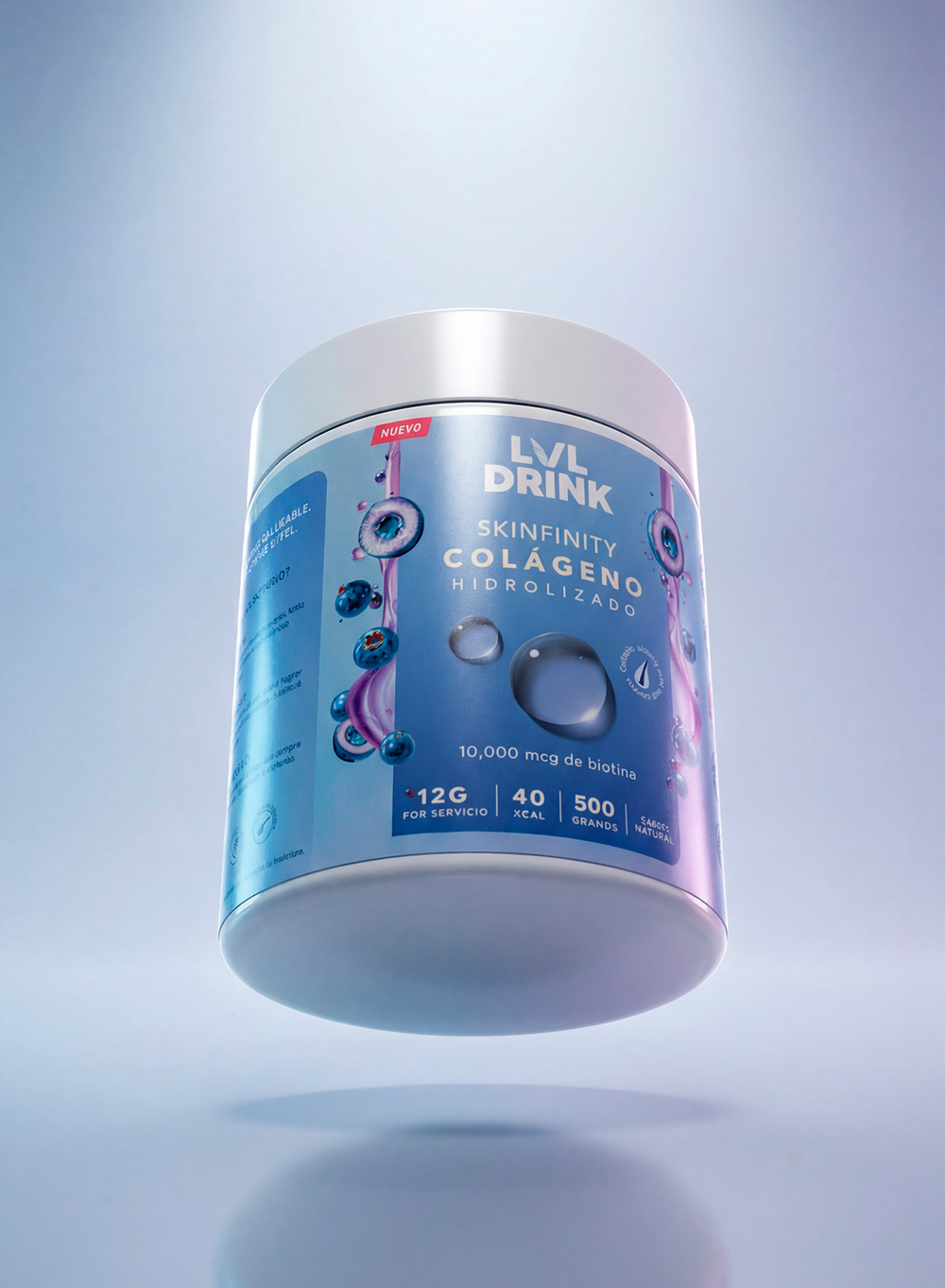 Colágeno Hidrolizado con Biotina Lvldrink 500g, suplemento con 12g de colágeno y 10.000 mcg de biotina por porción.
